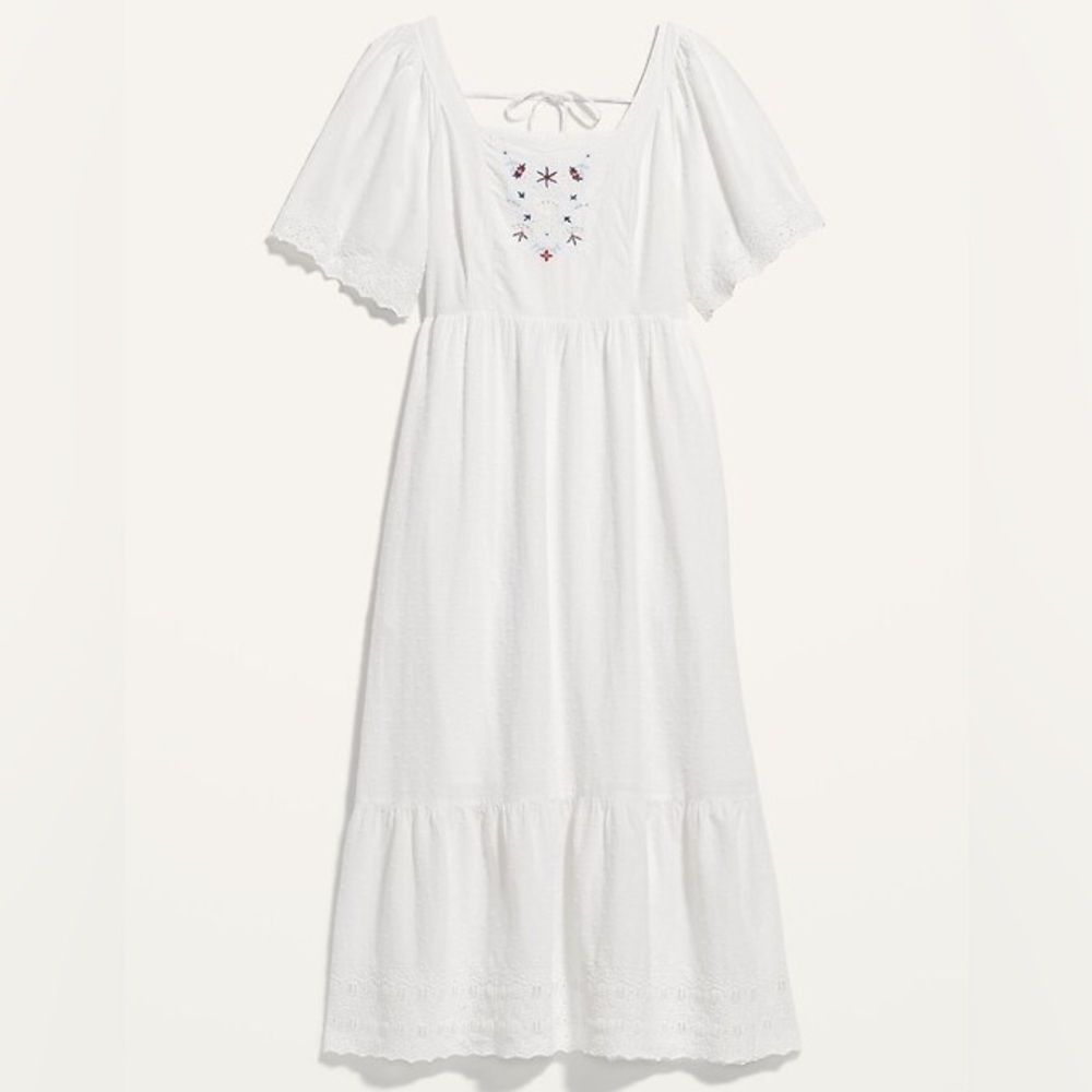 Floral embroidery tiered white dress